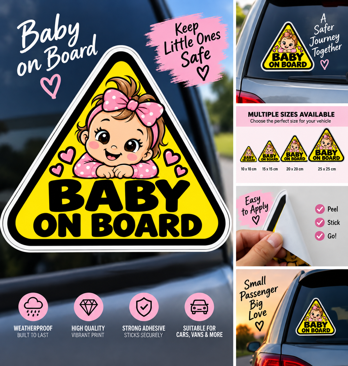 Yellow Baby on Board sticker sizes and product features