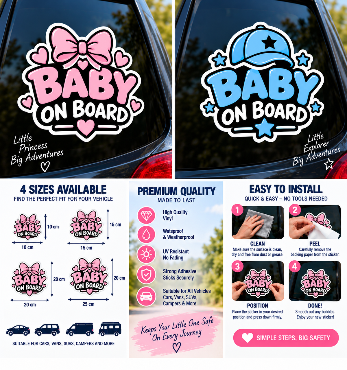 Baby on Board sticker sizes, quality and installation