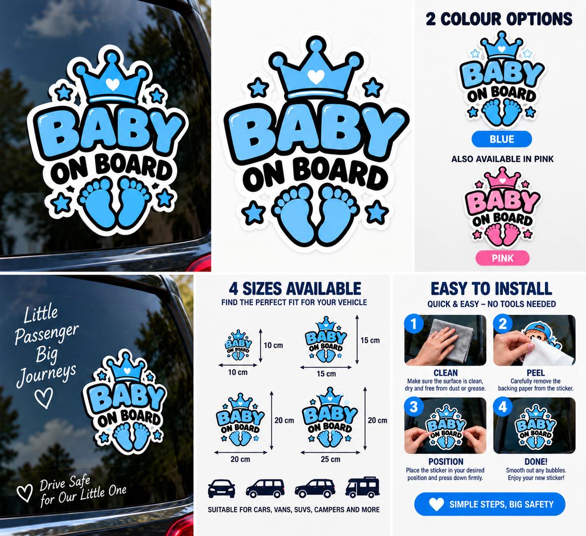 Baby on Board blue and pink crown designs, sizes and installation
