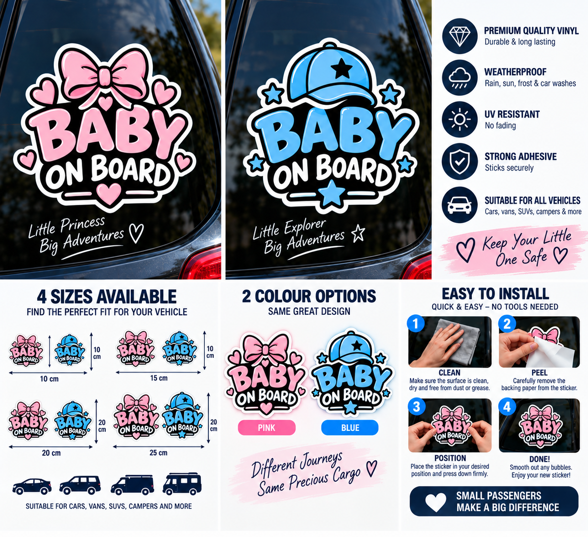 Baby on Board pink and blue car sticker product showcase