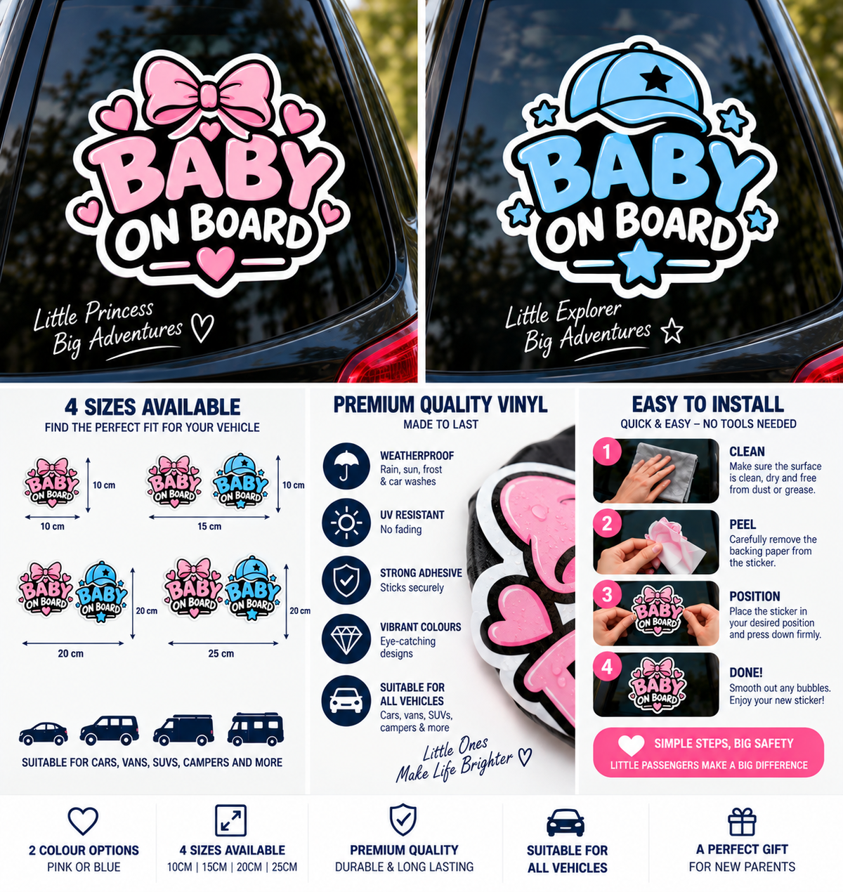 Baby on Board pink and blue premium product range