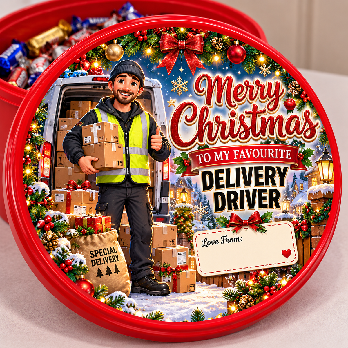 Female Delivery Driver Christmas chocolate tub sticker design