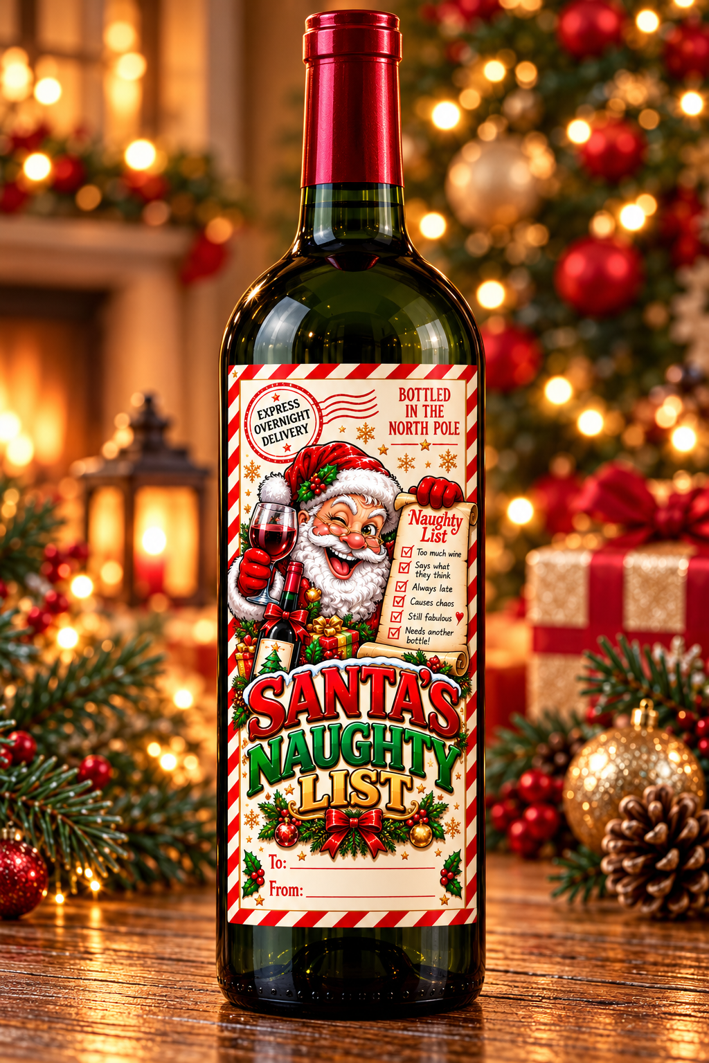 Santa’s Naughty List – wine bottle mockup