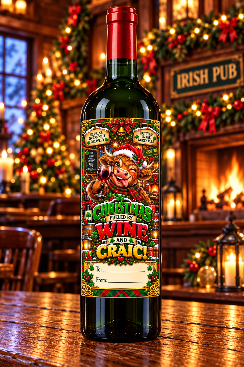 Christmas Fueled by Wine and Craic – wine bottle mockup