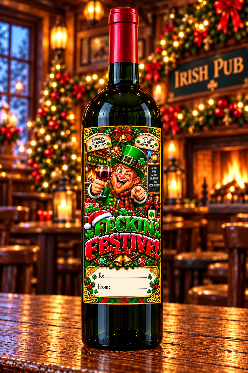 Feckin’ Festive – Irish Christmas wine bottle mockup