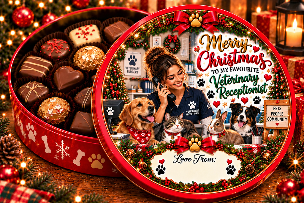 Kennel Assistant Christmas chocolate tin mock-up