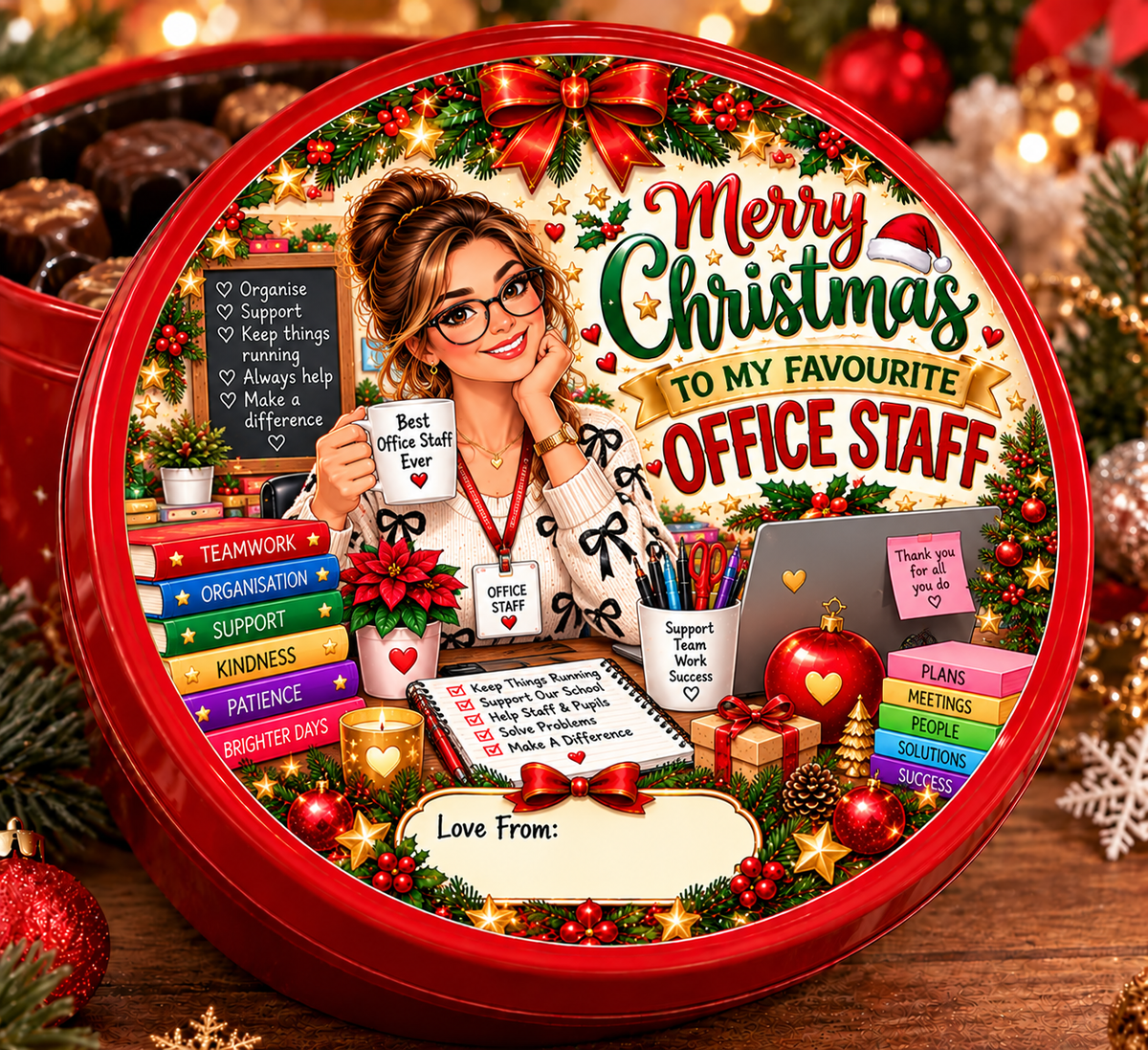 Office Staff personalised Christmas chocolate tub sticker