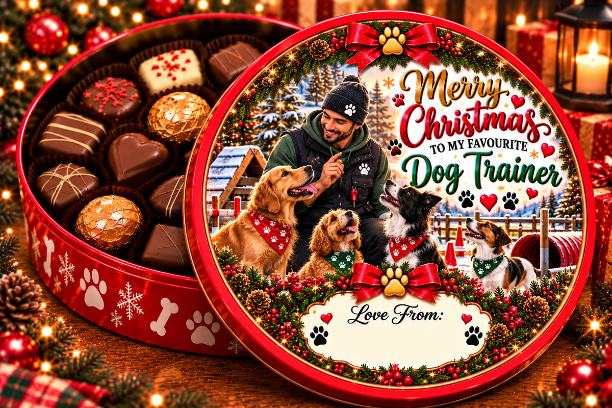Dog Trainer Christmas chocolate tin mock-up