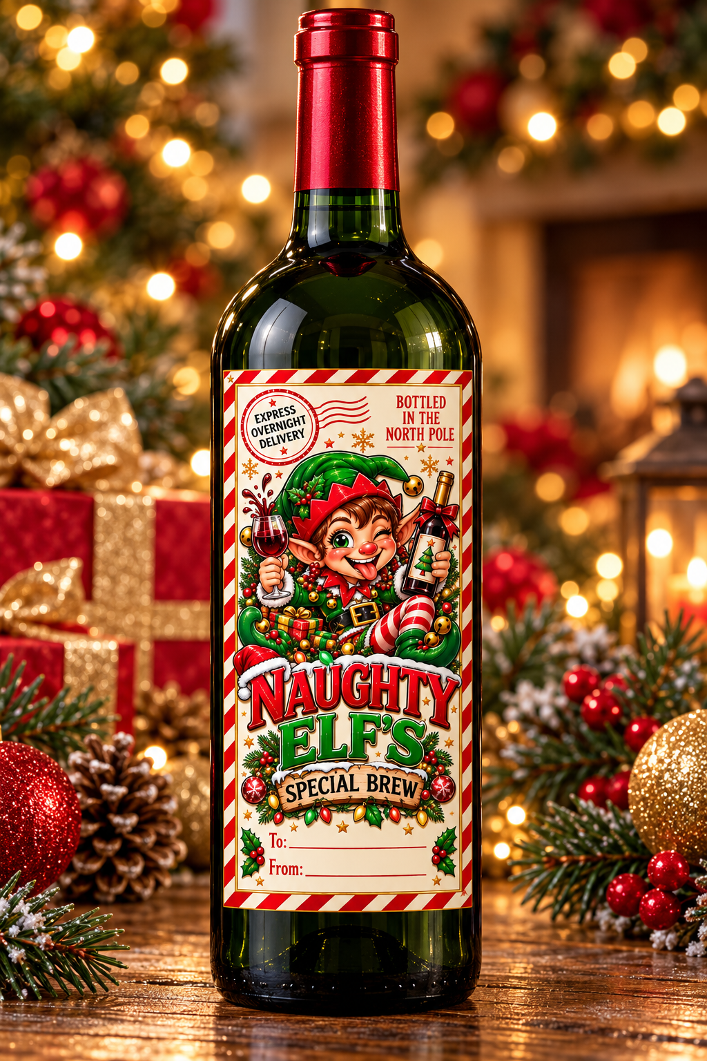 Naughty Elf’s Special Brew – wine bottle mockup
