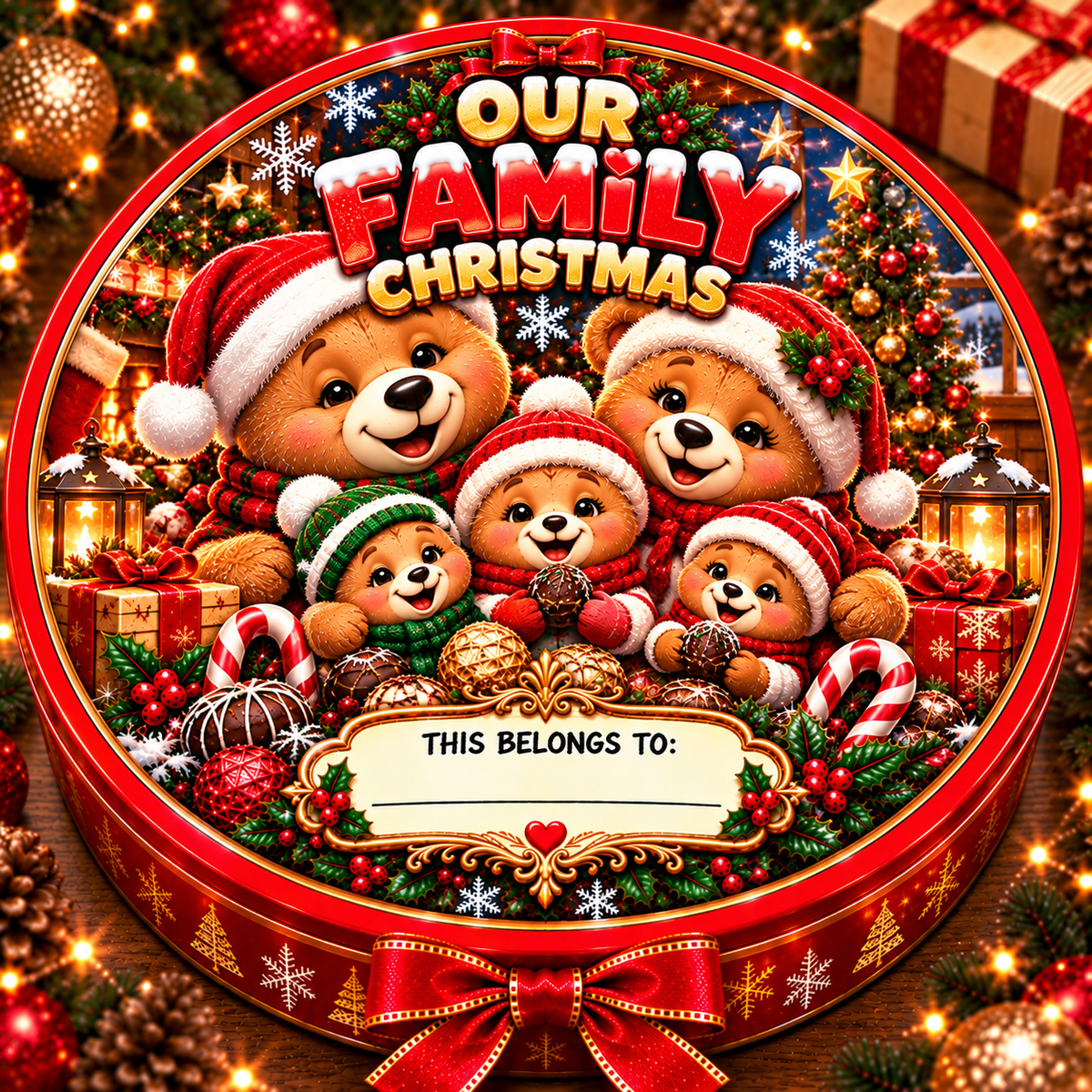 Teddy Bear Family Christmas chocolate tub sticker