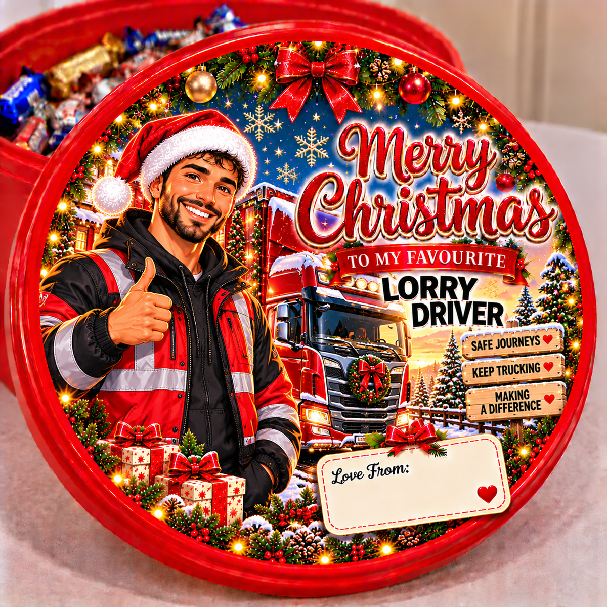 Male Lorry Driver Christmas chocolate tub sticker design