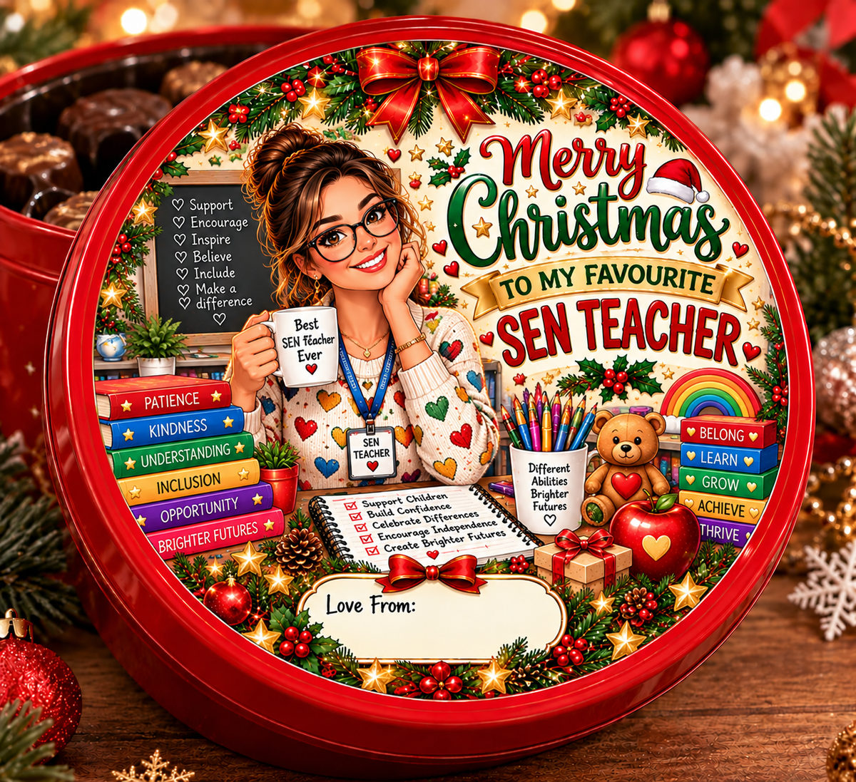 SEN Teacher personalised Christmas chocolate tub sticker