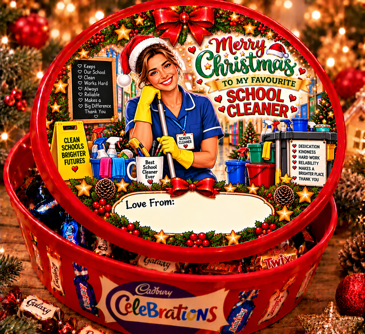 School Cleaner (Female) personalised Christmas chocolate tub sticker
