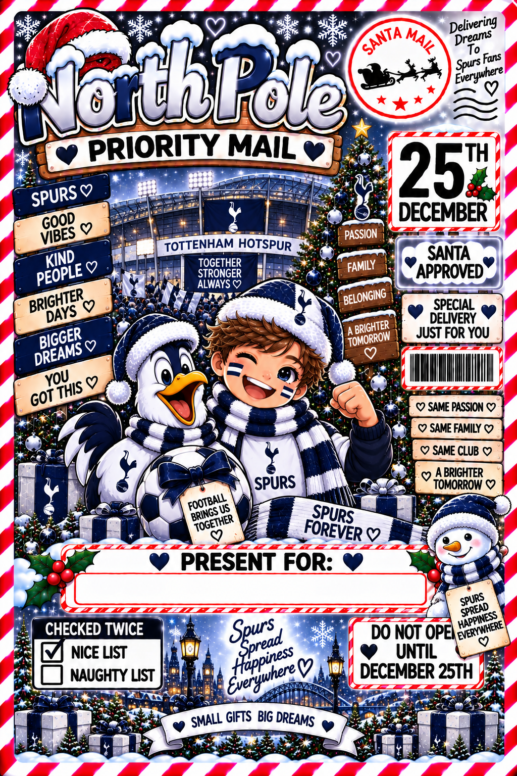 Spurs football Christmas gift sticker 4x6 inch