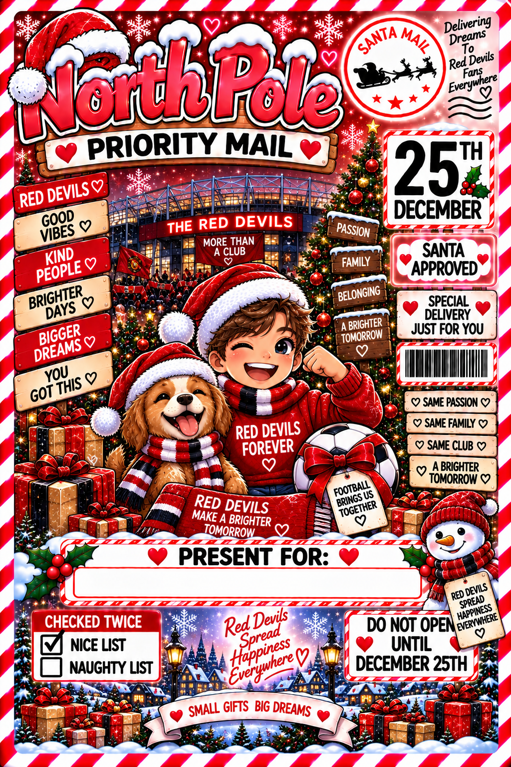 Red Devils football Christmas gift sticker 4x6 inch