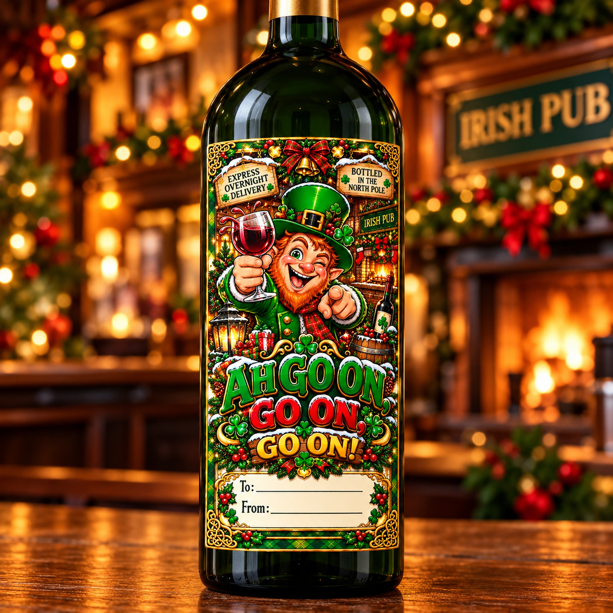 Ahgoon Go On, Go On – Irish Christmas wine bottle mockup
