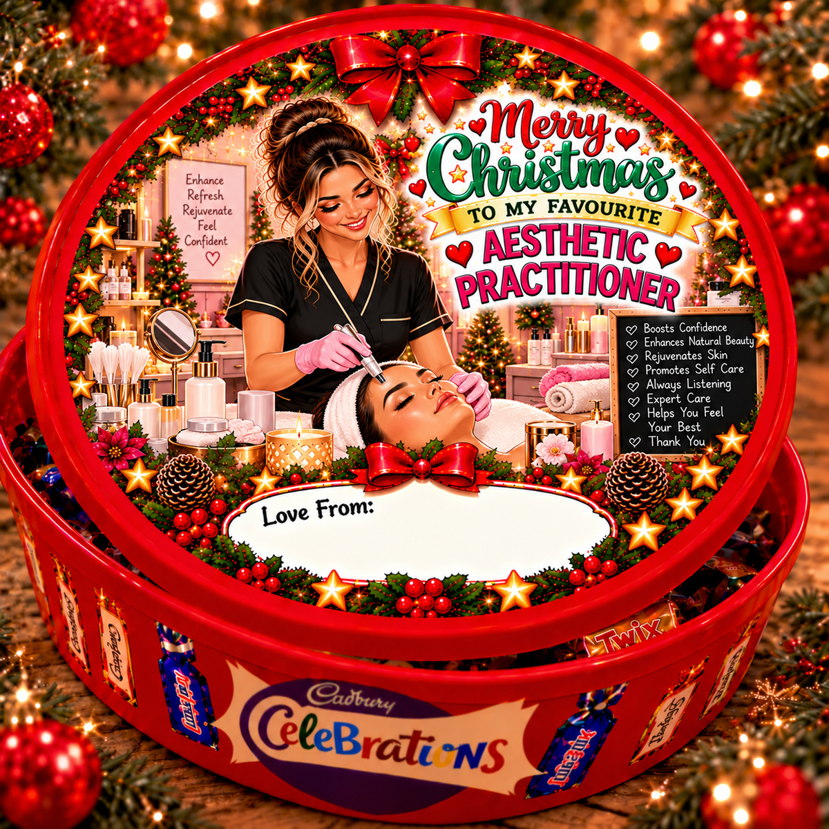 Christmas chocolate tub sticker mock-up for Aesthetic Practitioner; matching festive design on a closed red Celebrations tin