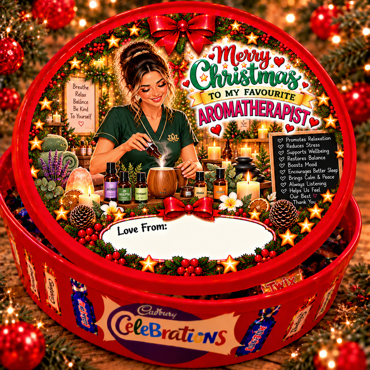 Christmas chocolate tub sticker mock-up for Aromatherapist; matching festive design on a closed red Celebrations tin