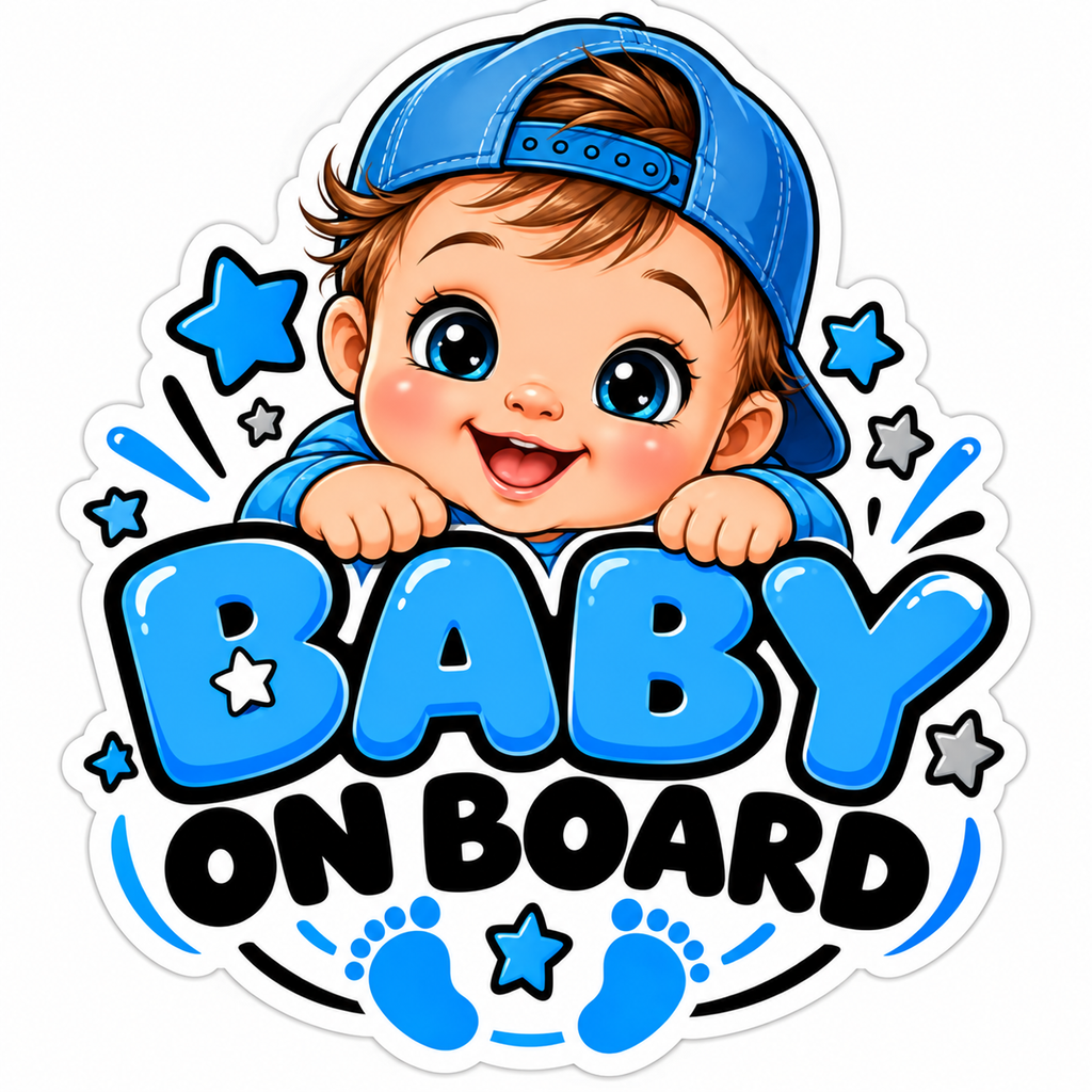 Blue Baby on Board car window sticker with cute baby and stars