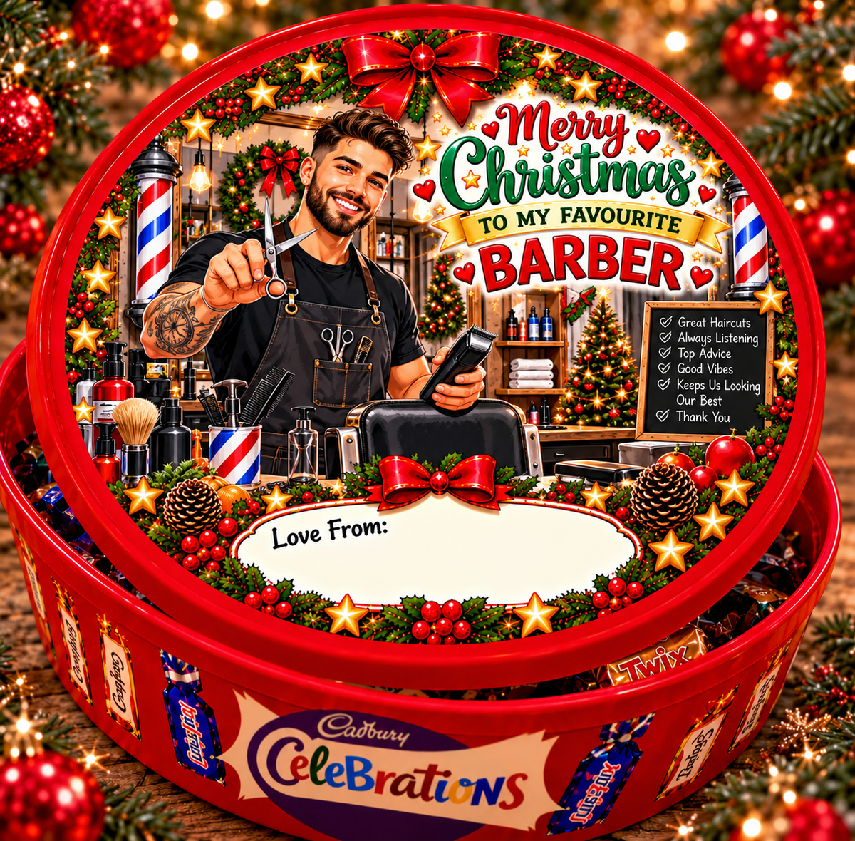 Christmas chocolate tub sticker mock-up for Barber; matching festive design on a closed red Celebrations tin