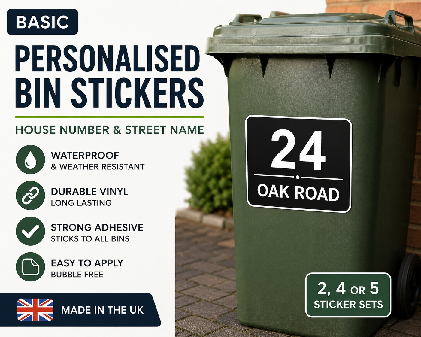 Personalised House Number and Street  name Bin Stickers – Basic Design