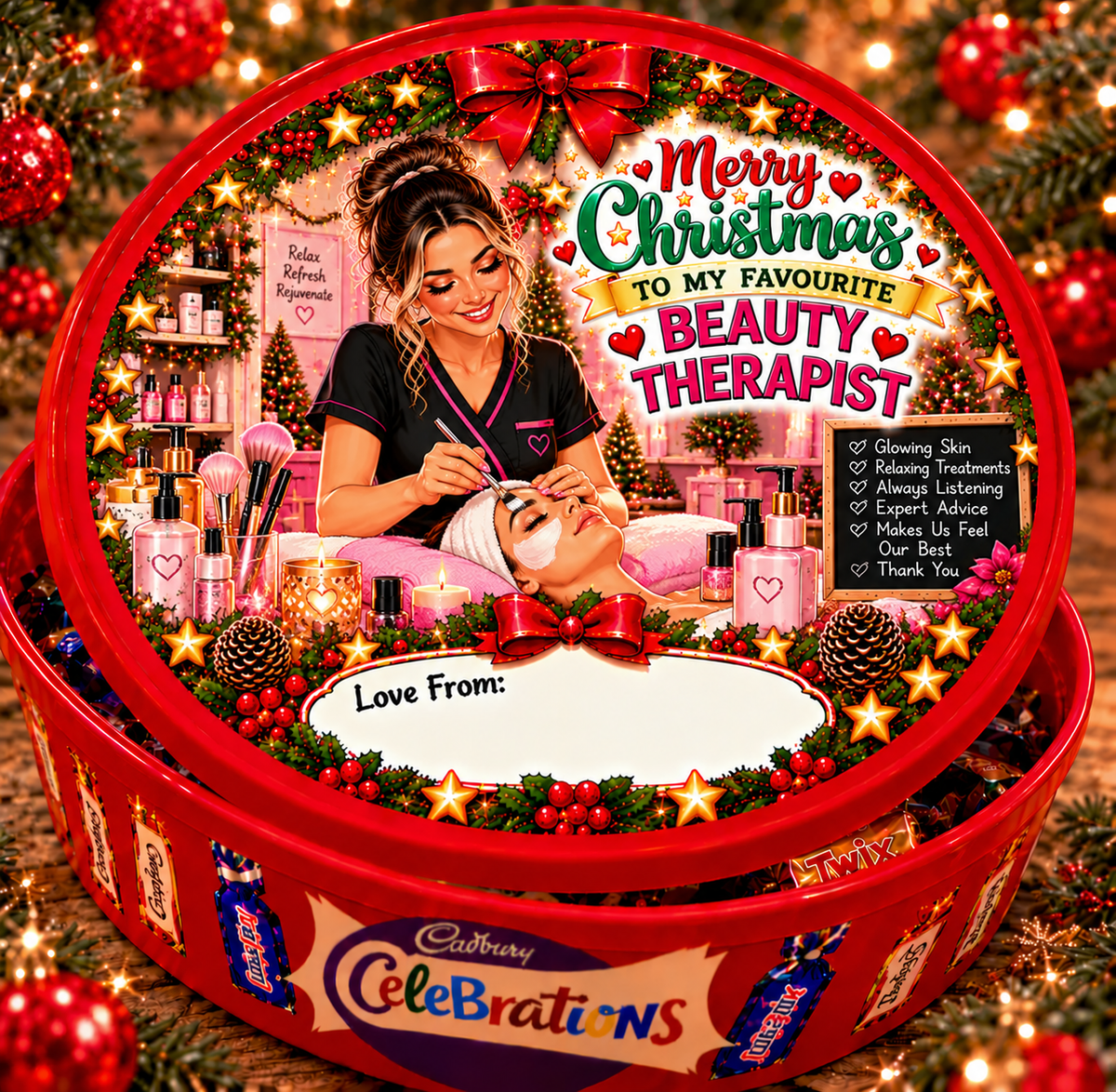Christmas chocolate tub sticker mock-up for Beauty Therapist; matching festive design on a closed red Celebrations tin