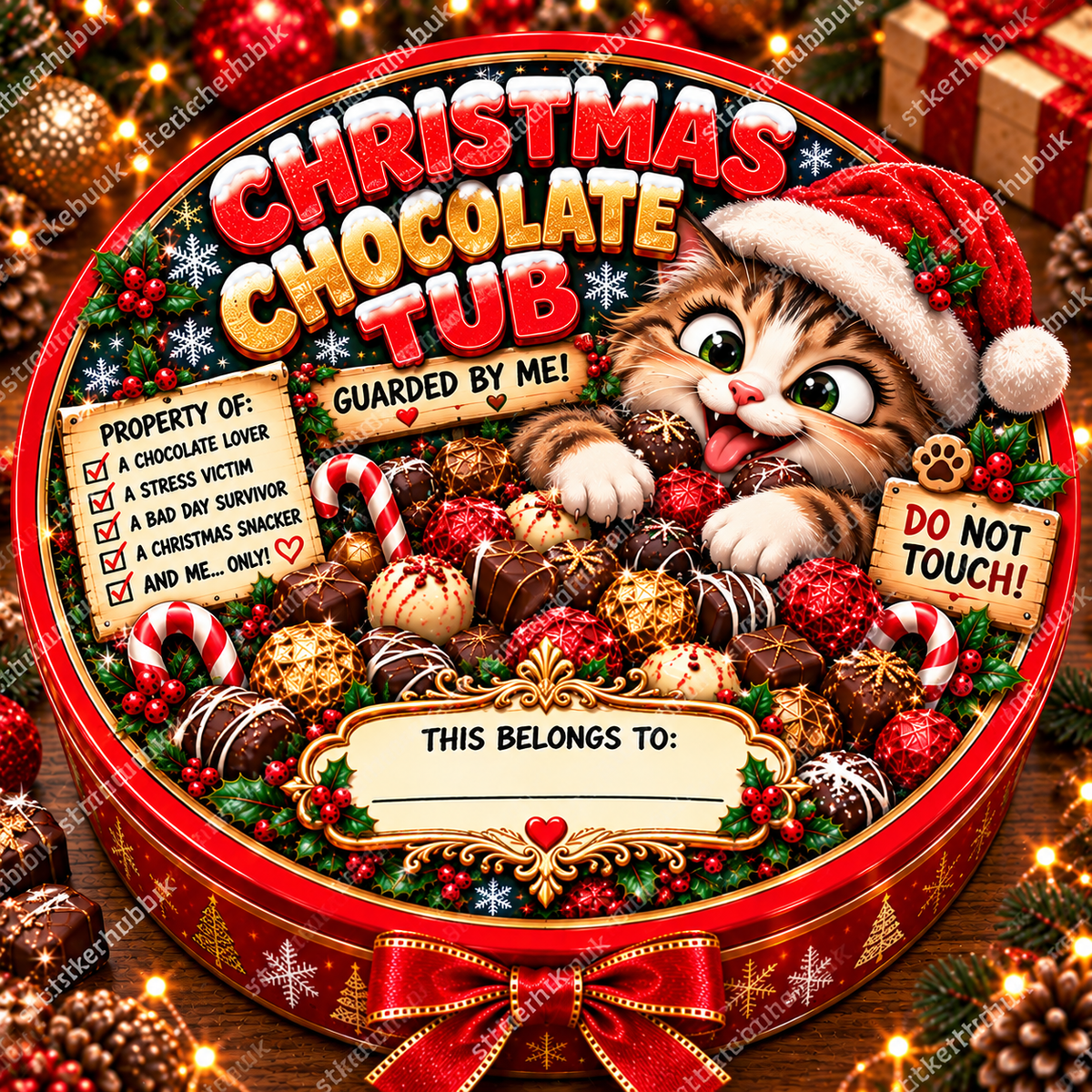 Christmas Chocolate Tub Cat – 21cm Christmas chocolate tub sticker