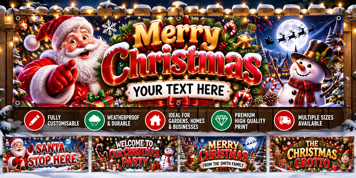 Personalised Christmas banner with Santa, snowman and festive lights