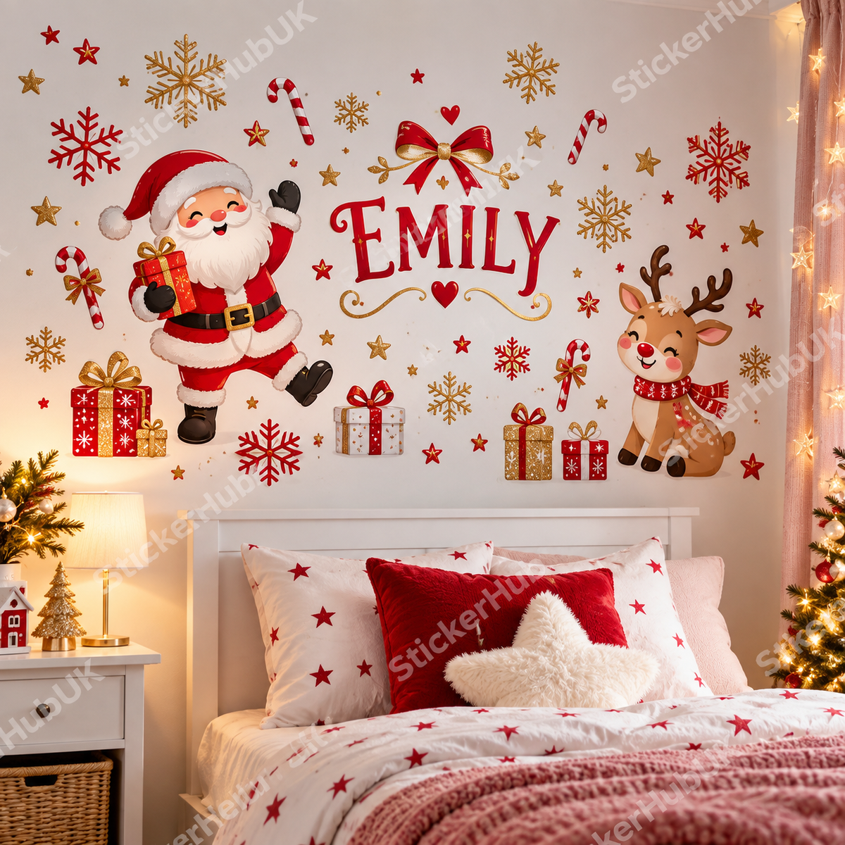 Personalised removable Christmas wall sticker in a festive bedroom