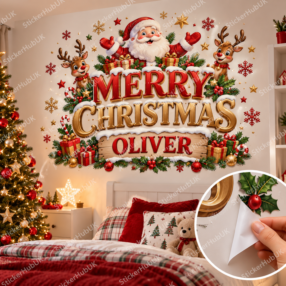 Personalised Merry Christmas removable wall sticker in a Christmas bedroom