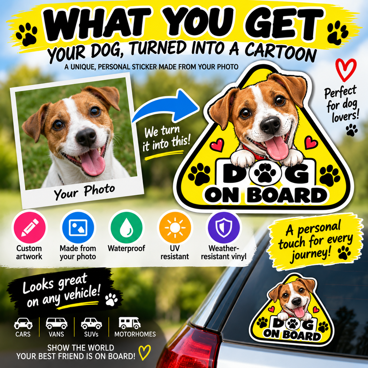 Custom dog photo turned into cartoon sticker with waterproof and UV resistant features