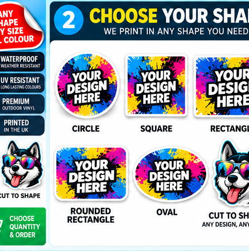 Custom sticker shapes – circle, square, rectangle, rounded rectangle, oval and cut-to-shape