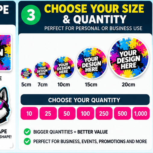 Custom sticker sizes from 5cm to 20cm with quantity options