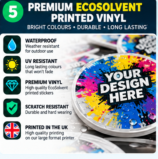 Premium EcoSolvent printed vinyl stickers – waterproof and UV resistant