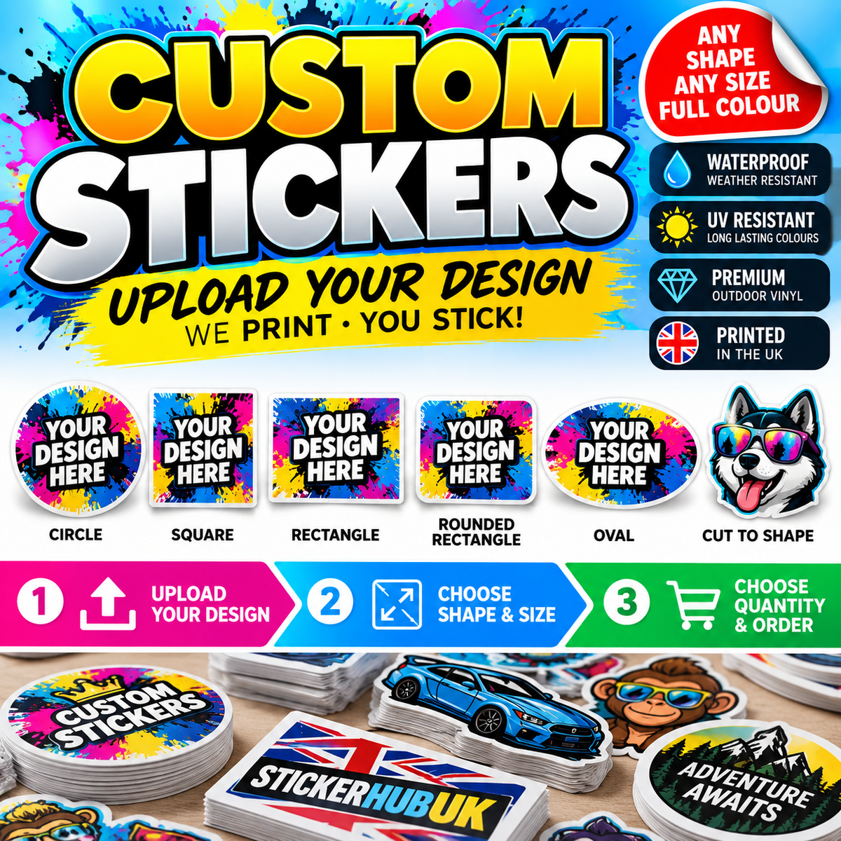Custom EcoSolvent stickers in multiple shapes with upload your design options