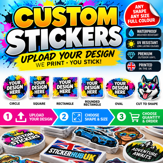 Custom EcoSolvent stickers in multiple shapes with upload your design options