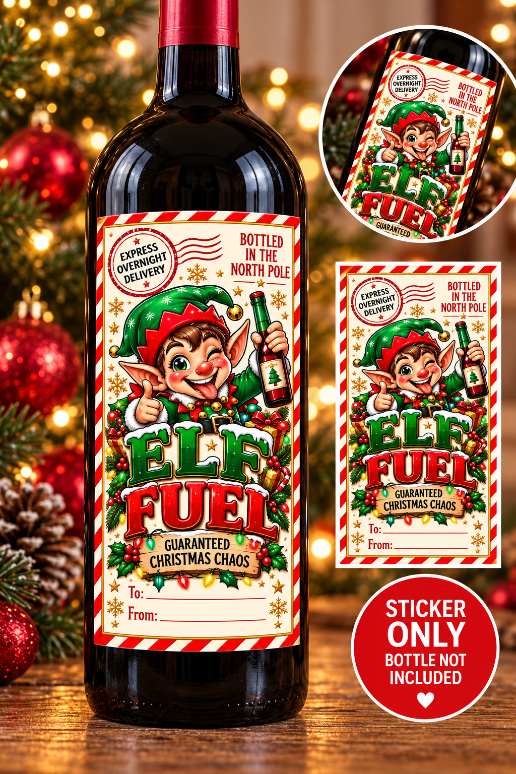 Elf Fuel Guaranteed Christmas Chaos wine bottle sticker mockup