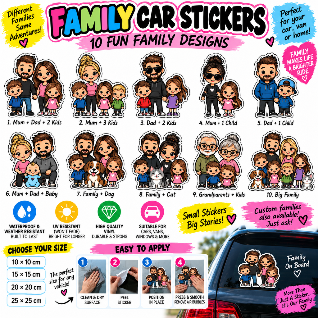 Family car stickers with 10 fun family designs