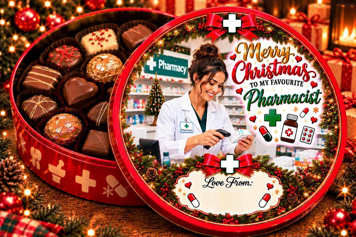 Christmas chocolate tub sticker mock-up – Pharmacist