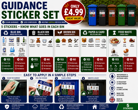 Suffolk Recycling Wheelie Bin Guidance Labels– 5 Pack Waterproof