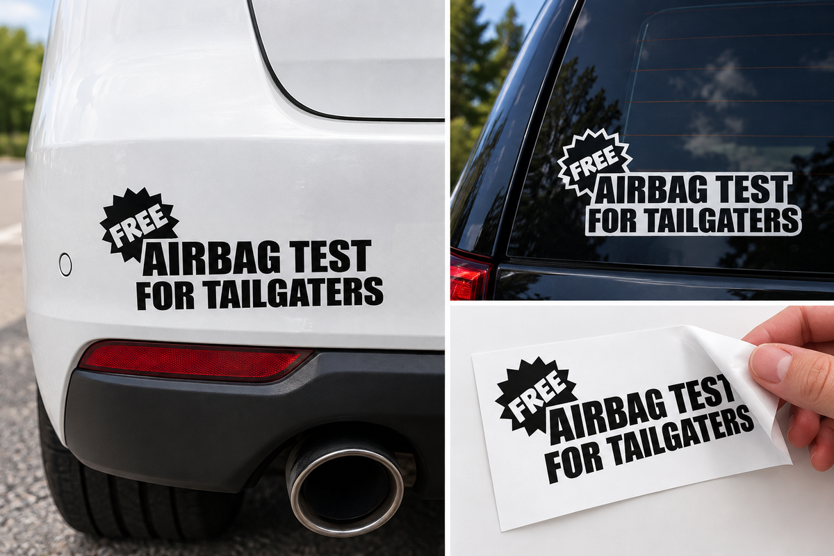 Free Airbag Test for Tailgaters sticker on bumper and rear window