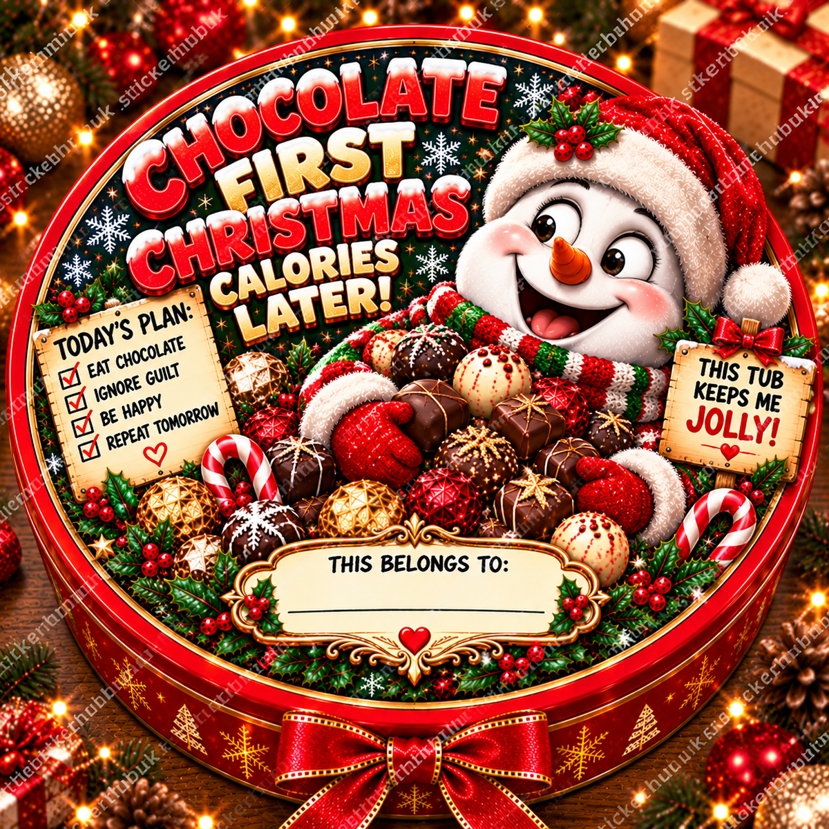 Chocolate First, Christmas Calories Later – 21cm Christmas chocolate tub sticker