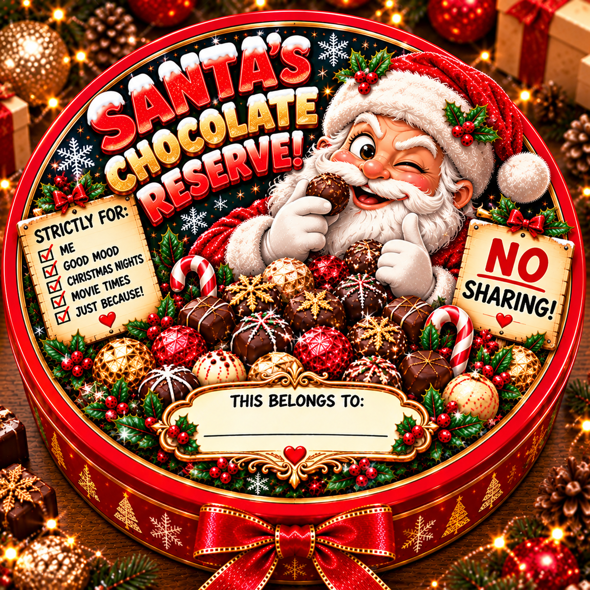 Santa's Chocolate Reserve – 21cm Christmas chocolate tub sticker