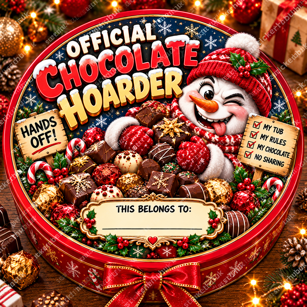 Official Chocolate Hoarder – 21cm Christmas chocolate tub sticker