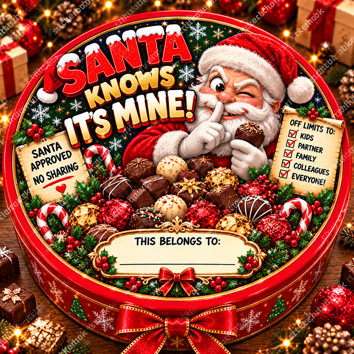 Santa Knows It's Mine – 21cm Christmas chocolate tub sticker