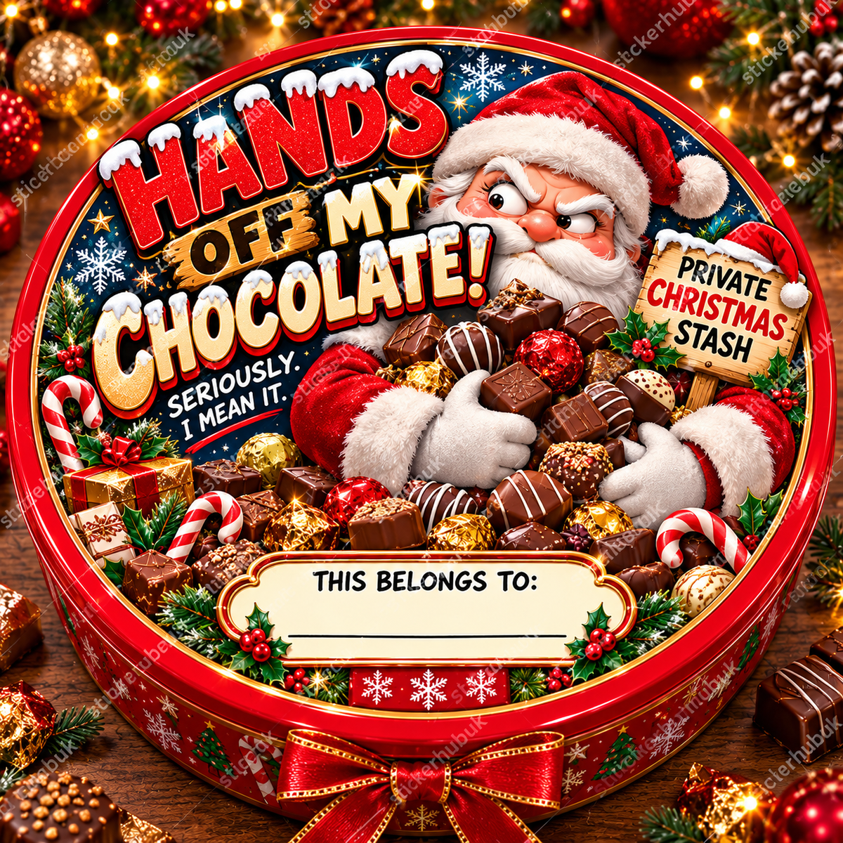 Hands Off My Chocolate – 21cm Christmas chocolate tub sticker