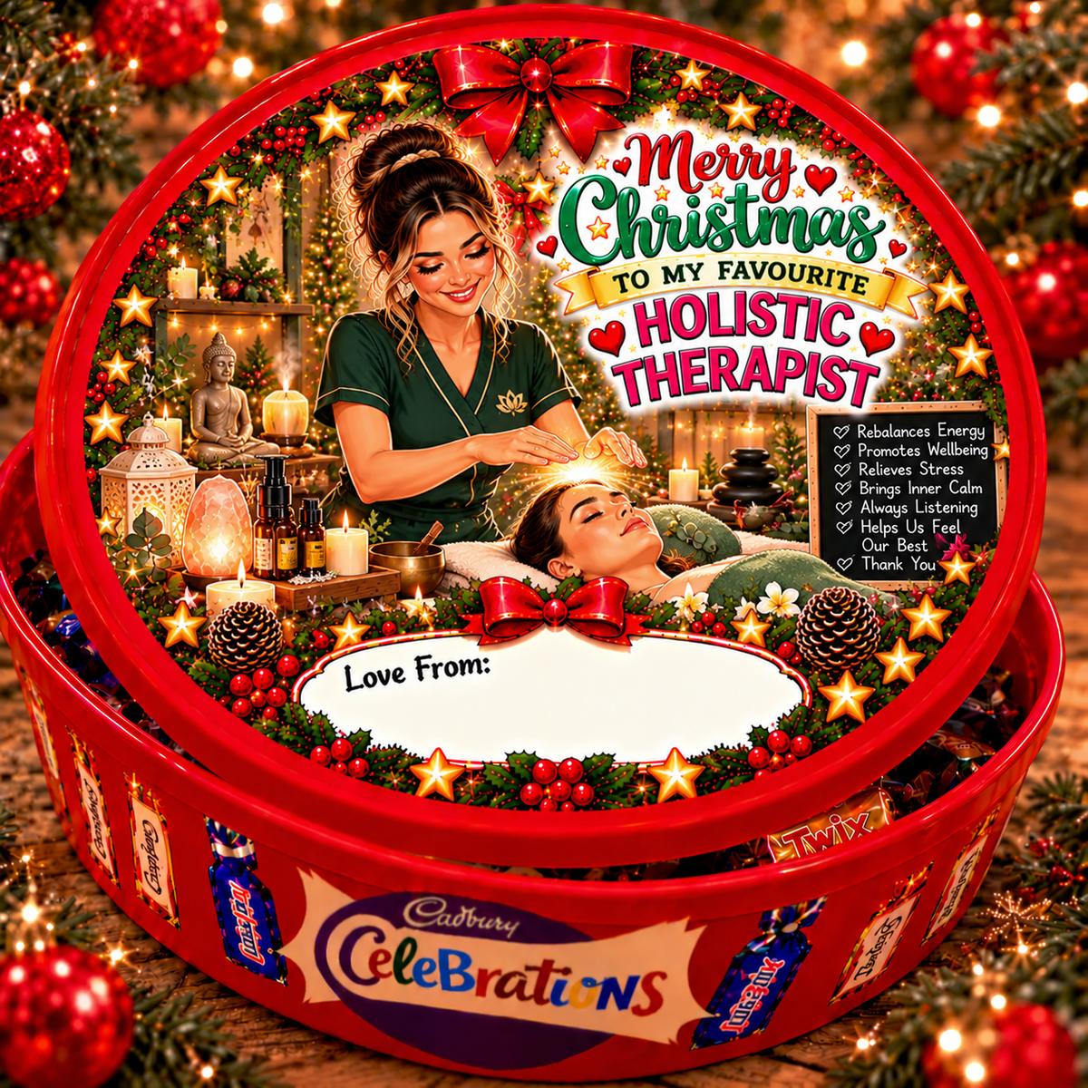 Christmas chocolate tub sticker mock-up for Holistic Therapist; matching festive design on a closed red Celebrations tin
