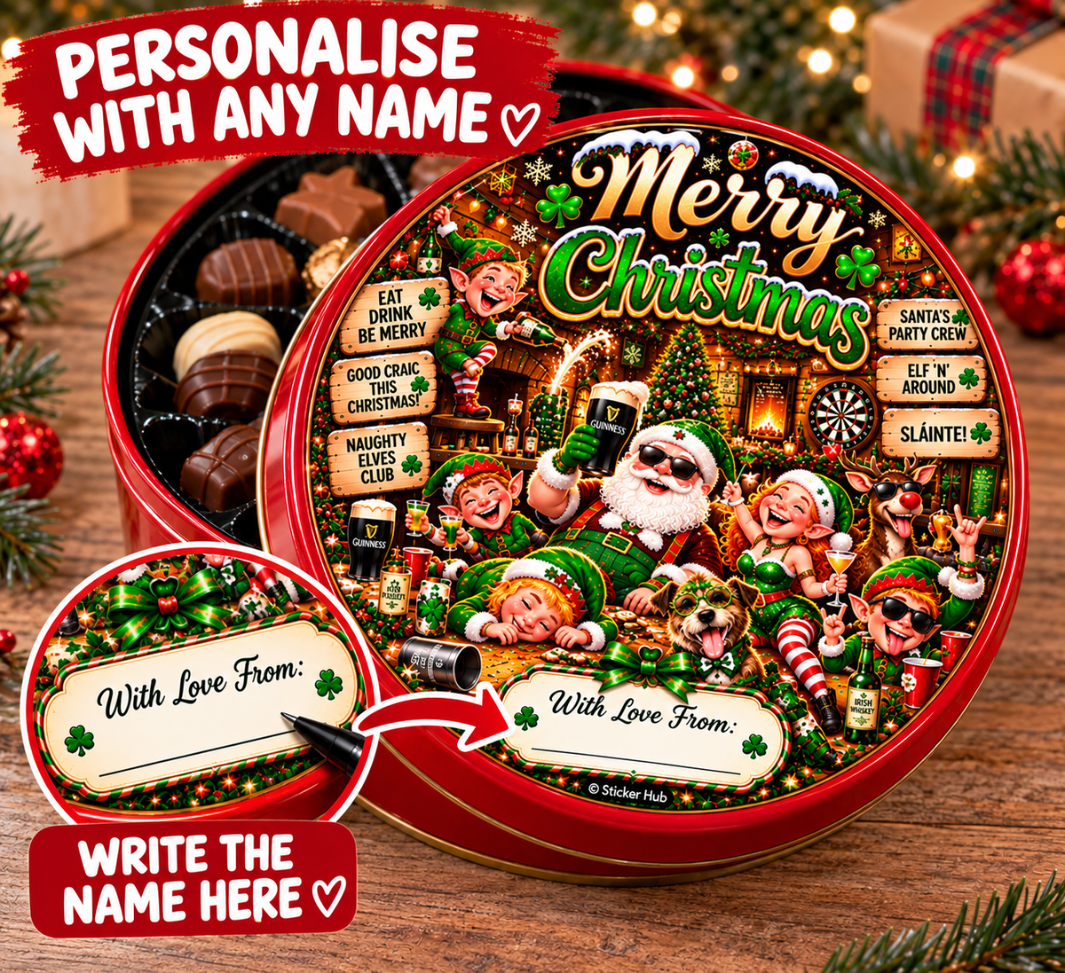 Personalised Irish Christmas chocolate tin sticker showing exactly where to write the name in the With Love From box