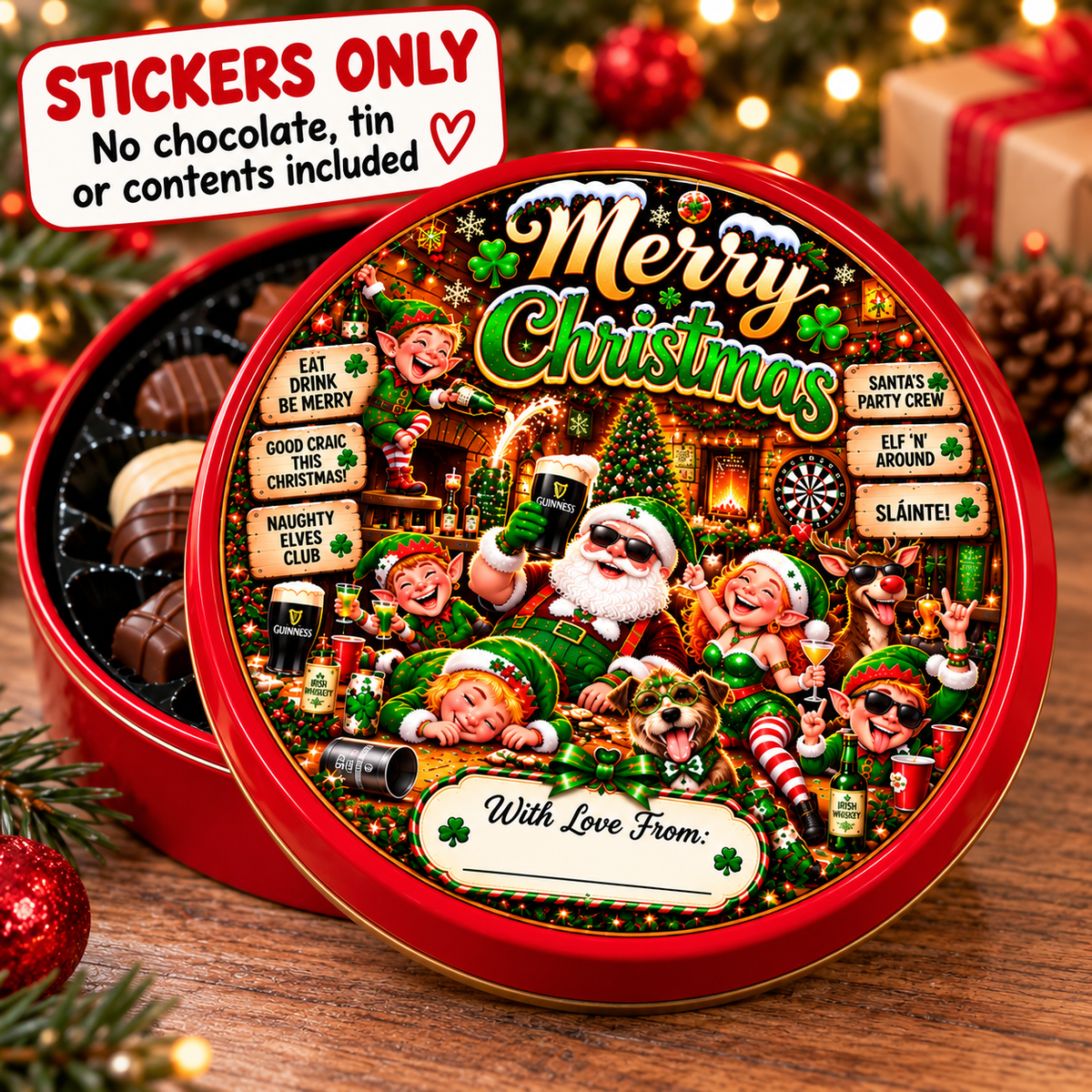 Irish Christmas sticker product mockup with small disclaimer: stickers only, no chocolate, tin or contents included