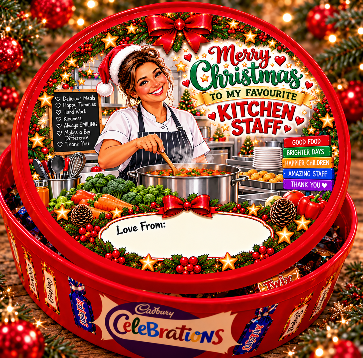 Kitchen Staff personalised Christmas chocolate tub sticker mock-up